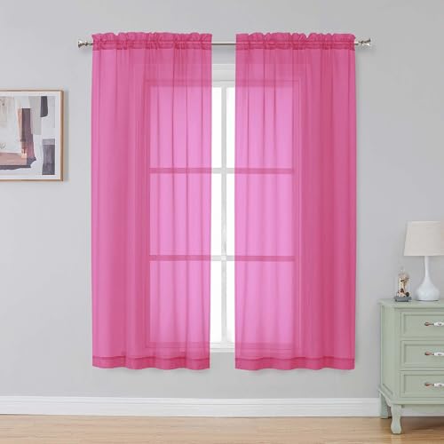 Image of Simplebrand Hot Pink Sheer Curtains 63 Inch Length 2 Panels, Rod Pocket Solid Color Window Sheer Curtain Panels, Elegant Curtains & Drapes for Living Room, Bedroom 2 Panels (Ivory, 42 inch W x 63 inch L)