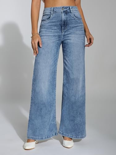 Image of Miss Chase Women's Wide-Leg High-Rise Regular-Length Stretchable Shaping Denim Jeans