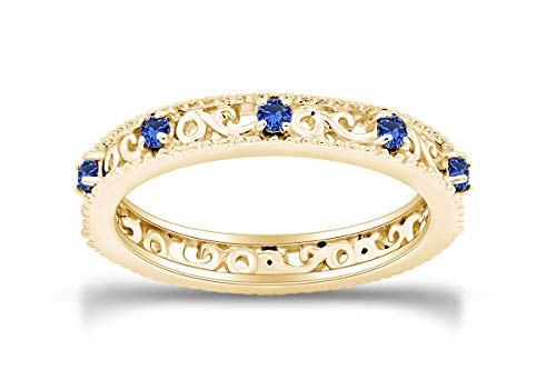 Stackable Ring for Women, 14K Gold Over 925 Sterling Silver with Round Cut Simulated Blue Sapphire, Dainty Band Ring Jewelry Gift for Her (Band width 3.5mm)