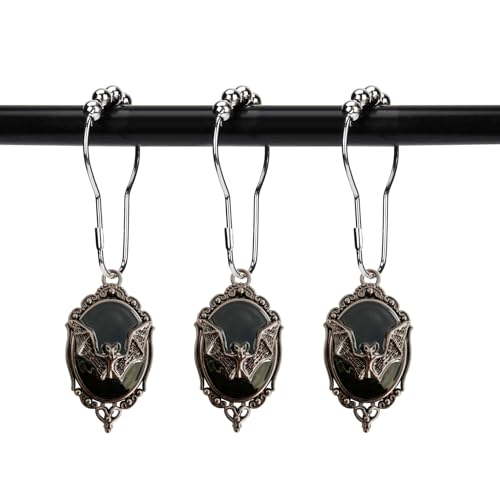 ZILucky Set of 12 Bats Shower Curtain Hooks Rings Gothic Vampire Bat Halloween Party Supplies Haunted House Decoration (Black-Background)
