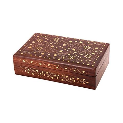 Christmas Gifts Sale Gorgeous Wooden Keepsake Jewellery Trinket Storage Box Organiser with Floral Brass Inlay & Velvet Interior Cover