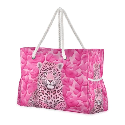 Leopard Pink Beach Bag & Travel Tote Bag Large Sandproof with Zipper Closure, Wet Pouch for Swim Gym Travel, Lightweight Foldable Outdoor Bag