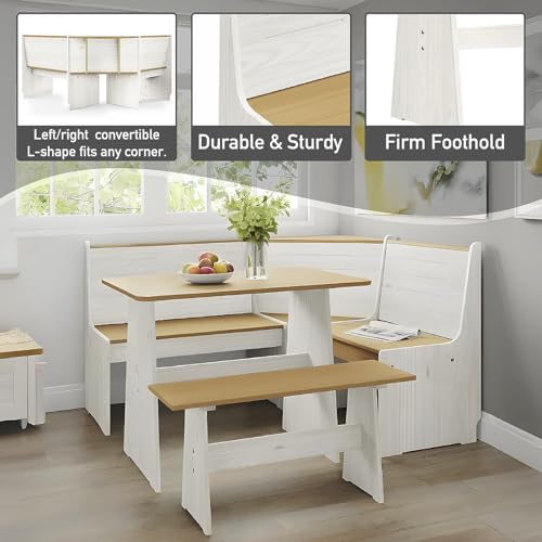 Breakfast Nook Corner Dining Table Kitchen Bench Chair Set, Space-Saving 3-5 People Seat Reversible L-Shape for Family Home White Wood
