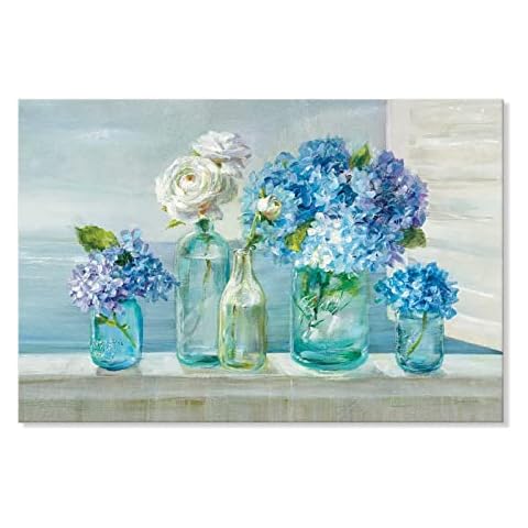 JAPO ART Blue Hydrangea Flower Large Canvas Wall Art Mason Jar Floral Wall Decor Pictures for Bedroom Living Room Wall Decoration 36x24Inch Cover