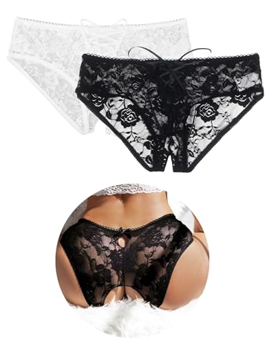 ohyeahlady Thongs for Women Multipack Black and White lus Size Lace Underwear Soft Stretchy French Knickers Brazilian Sexy Panties Lace Up Underpants Tanga Briefs Pack of 2 Size 16 18