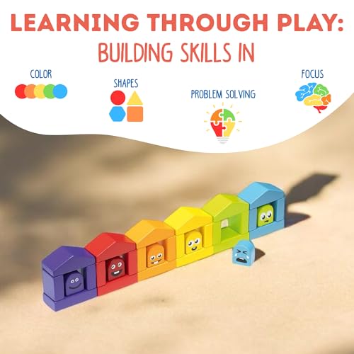Image of CUBIKA Wooden Construction Set Colorful Houses - 24-Piece Construction Play Set with Emotion Characters for Toddlers 2+- Montessori Toy for Creativity, Cognitive Development, and Emotion Recognition