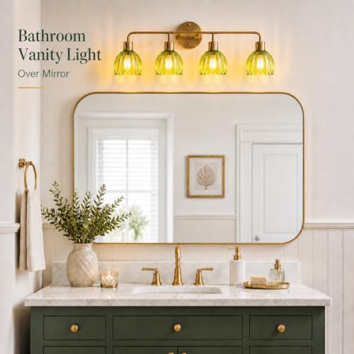 Image of 4-Light Gold Brass Bathroom Light Fixture,Wall Sconces,Brushed Gold Vanlity Light Over Mirror,Bathroom Vanity Light with Green Glass Flower Shade,E26 Socket(Bulbs Not Included)