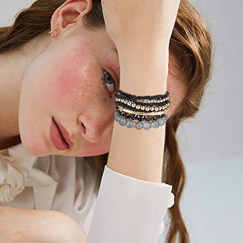 Sailimue 4 Sets Bohemian Stackable Bead Bracelets For Women Multicolor Stretch Beaded Bracelets Layered , Adjustable Bracelet Pink Black Turquoise Stretch Bracelets #TOP4