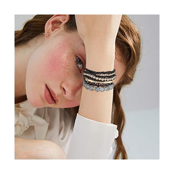SAILIMUE 4 Sets Bohemian Stackable Bead Bracelets for Women Multicolor Stretch Beaded Bracelets Layered , Adjustable Bracelet Pink Black Turquoise Stretch Bracelets