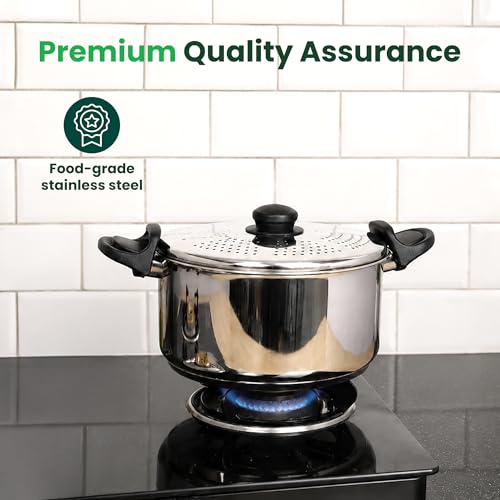 Image of The Indus Valley Stainless Steel 5 litres Strainer Pot /Rice Pot for Noodles, Pasta, Corn, SOYA, Vegetables & Rice | Induction & Gas Friendly | 3-Layer Thick Bottom