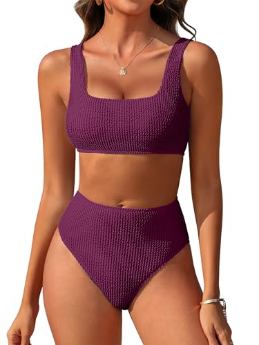 Image of ANRABESS Women' Two Piece Bikini Sets, High Waist Square Neck Swimsuits ,Ribbed Textured Comfy Bathing Suits,Beach Swim Wear