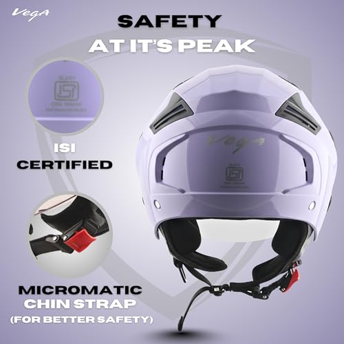 Image of Vega VO-05 Clark ISI Certified Open Face Motorcycle Helmet with High-Impact ABS Shell, UV-Resistant Scratch-Resistant Visor, Comfortable Breathable Inner Padding & Secure Fit - Light Purple - L