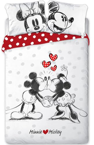 Parure de lit Mickey et Minnie en Coton, Housse de Couette Réversible 140x200 cm, Taie d'oreiller 63x63 cm, 100% Coton (Parure Mickey Minnie, 140x200)