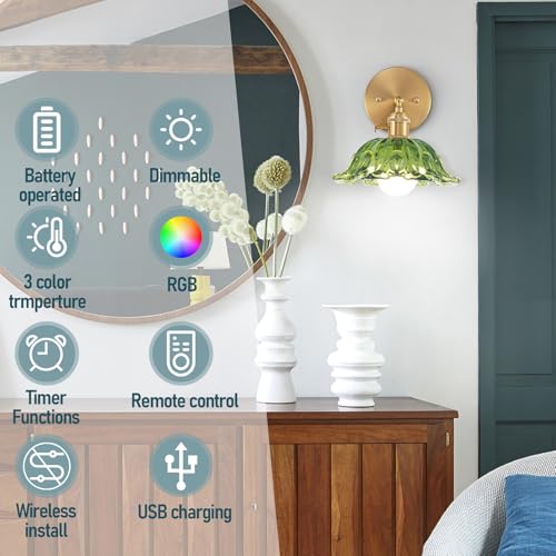 Image of Vintage Wall Sconce, Battery Operated Wall Sconce with Green Glass Lampshade, Indoor not Hardwired Wall Sconces with Remote, Rechargeable RGB Vintage Wall Lamp, for Bedroom Living Room, etc