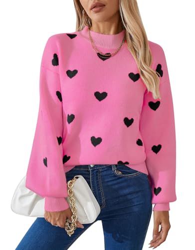 Image of Women's Long Sleeve Mock Neck Sweaters Loose Cute Heart Pullover Sweater