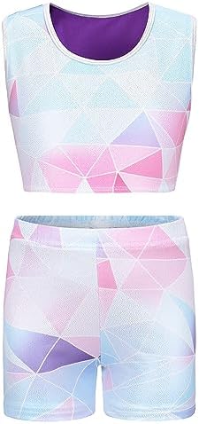 FEOYA 2 Piece Gymnastics Outfit for Girls Racer Back Tracksuit Sparkly Dance Outfits Cute Tank Top with Shorts Set
