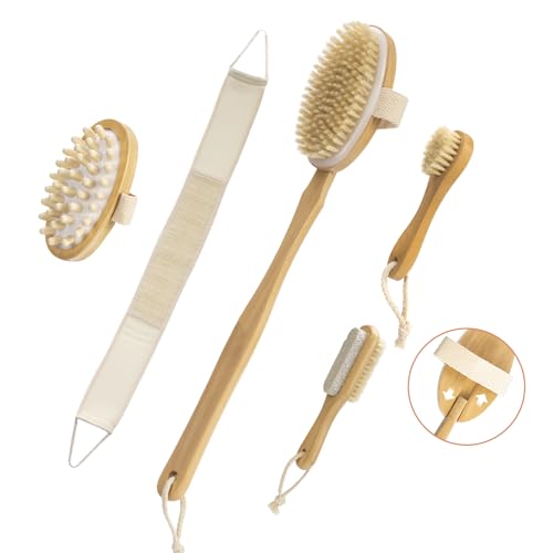 Mesiiloly 7 Packs Dry Brushing Body Brush Set for Lymphatic Drainage and Cellulite Massager Long Handle Dry Brush for Body Natural Boar Bristle Dry Body Brush Exfoliator