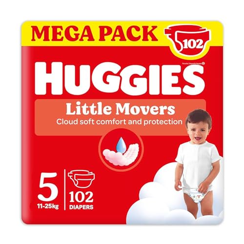 Huggies Little Movers, Pannolini Taglia 5 (11-25 Kg), Ultra Assorbente, Pacco Mega, 102 Pz