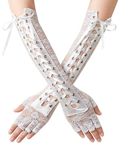 Coucoland Handschuhe Damen Lang mit Senkel Opera Fest Party Gotisch Handschuhe Damen Fasching Kostüm Accessoires (Weiß)