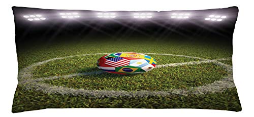 Lunarable Sports Throw Pillow Cushion Cover, Soccer Ball on Soccer Field Printed Flags of The Participating Countries, Decorative Rectangle Accent Pillow Case, 36