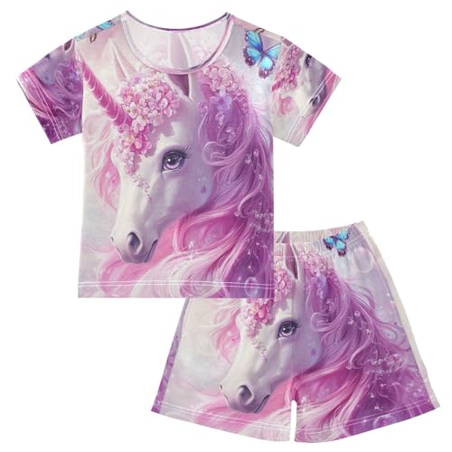 ALAZA Unicorn Butterfly Bubble Pajamas Set Short Sleeve Cotton Sleepwear Summer Pjs 2 Piece 5-14Y