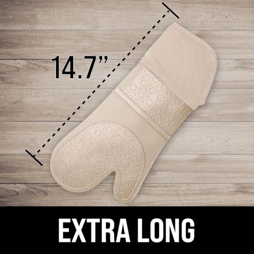 Image of BPA-Free Silicone Oven Mitts Ultra Heat Resistant up to 500F - Oven Mitts with Thick Cotton Liner - Long Slip Resistant Pot Holders, Flexible Oven Gloves - Beige 14.7