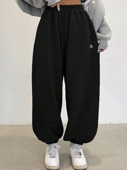 Image of Women?s Relaxed Fit Black Track Joggers ? High Waist with Pockets for Sporty & Casual Look
