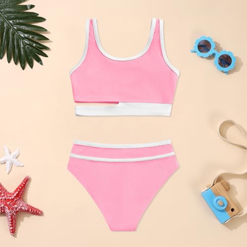 Girls 2 Piece Swimsuit Double Strap High Waist Sporty Bathing Suit Color Block Girls Bikinis Set Size 3-103