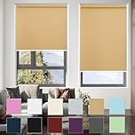 Straight Edge Dim-Out Roller Blind 45 x 140 cm 100% Blackout Waterproof Fabric No Drilling Required Balcony Window with Install Accessories For Inside and Outside Recess Fitting, Sand yellow