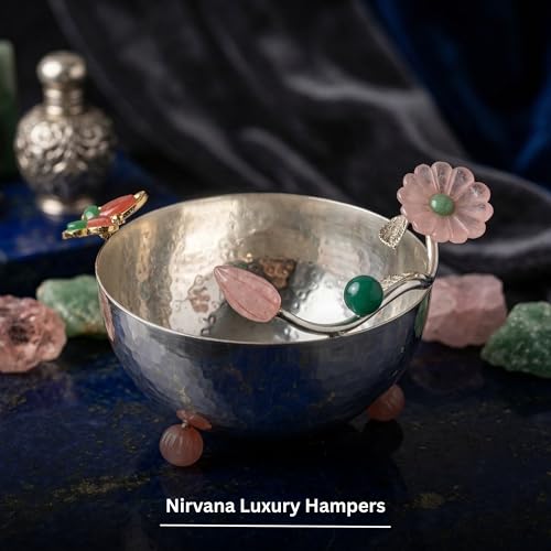 Image of Premium Silver-Plated Hammered Decorative Bowl | Stone Floral & Butterfly Design | Luxury Home Decor & Dry Fruit Serving Centerpiece | 15x12x8 cm | Net Qty: 1
