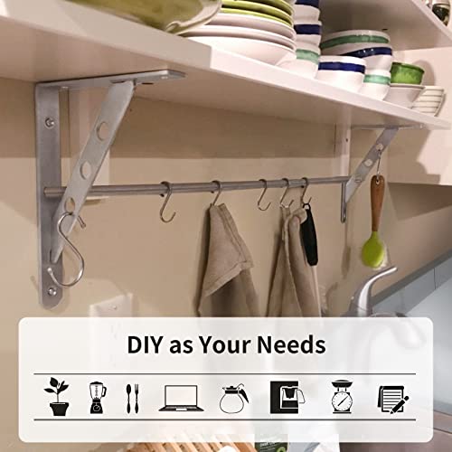 Image of YUMORE 10 Inch Shelf Bracket, Heavy Duty L Bracket with 2 S Hook, 2 Pack | Stainless Steel, 330 LB Load Capacity, 4mm Thick Brace, Hanging Hole Design, Easy Installation, Indoor & Outdoor Use