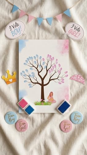 Eedama Decor Pack Gender Reveal con árbol de Huellas A3 y Juego de votación | Adhesivos Team Boy & Team Girl incluidos (Árbol de Huellas Revelación de género + Tinta Azul y Rosa (3 Piezas))