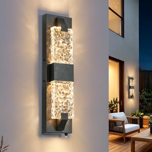 Image of Outdoor Wall Light, 12W 18.5 inch Dusk to Dawn Porch Lights 1 Pack Black | IP65 Waterproof, Crystal Ripple Design, Oversize Modern Exterior Sconce, Hardwired,Auto On /Off,for House Garage Entryway