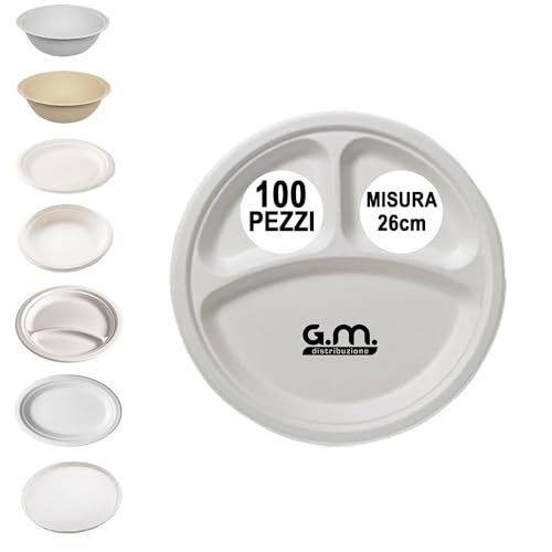 G.M. DISTRIBUZIONE 100 Piatto Tondo Triscomparto in Polpa di Cellulosa 26cm, Ideale per Cibi Caldi e Freddi, Piatti Impermeanbilie Adatti al Microonde, Biodegradabili e Compostabili