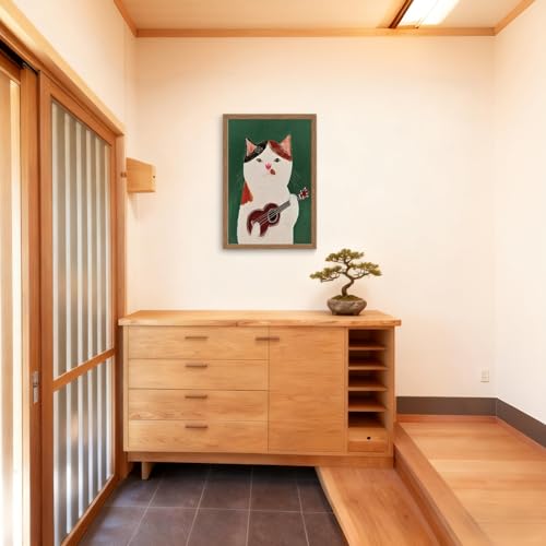 木子誉絵画館 アートパネル ポスター ウクレレの猫 動物画 絵画 インテリア おしゃれ ウォールアート 猫の絵 玄関 階段 廊下 寝室 リビング 壁飾り 木目調フレーム付きの完成品（40×30cm） [3]