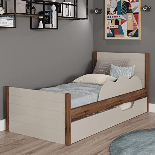 Cama Solteiro com Proteção 3 Nichos e Cama Auxiliar Flex Elza Cimol Off White/café