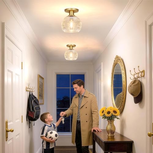 Brass Gold Semi Flush Mount Ceiling Light Fixture, Farmhouse Bathroom Light with 7.09in Glass Shade, Vintage Hallway Lights Fixture, Small Close to Ceiling Lighting for Porch Corridor Kitchen Entryway by DSMJFU DSMJFU - Used condition - Image 4