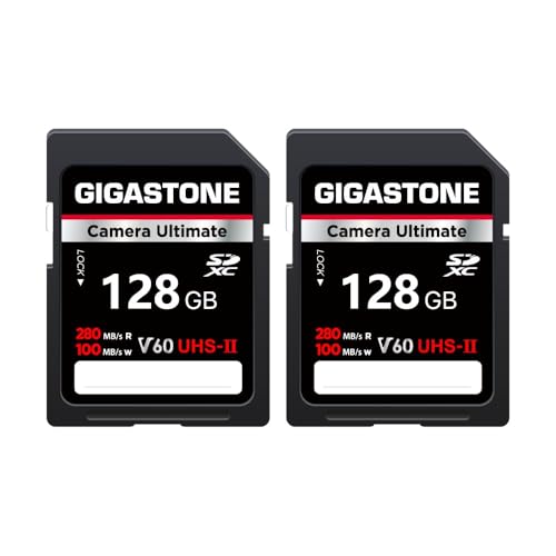 【5-Years Data Recovery】 GIGASTONE 128GB SD Card 2-Pack UHS-II V60 U3 SDXC Memory Card High Speed, Read up to 280MB/s, Compatible with Canon Kodak Olympus Digital Camera