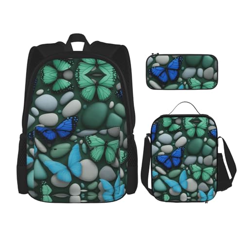 nanger Blue Butterfly Green Butterfly And Stone Print 3-Piece Set Backpack, Lunch Bag And Pencil Case, For Travel, College, And Daily Use