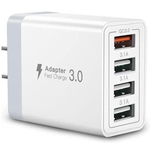 USB Charger, 4 Port USBA Wall Charging Block, Fast Charge QC 3.0 Plug Adapter Compatible with iPhone 12/13/14/15/XS/XS Max/XR/X, LG, Google Pixel and More