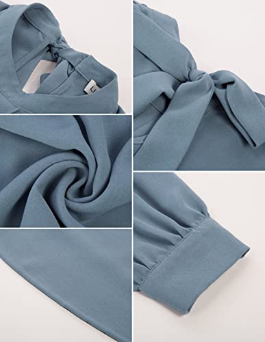 Women High Neck Blouses Lantern Long Sleeve Business Shirt Solid Chiffon Top Blue Medium #TOP5