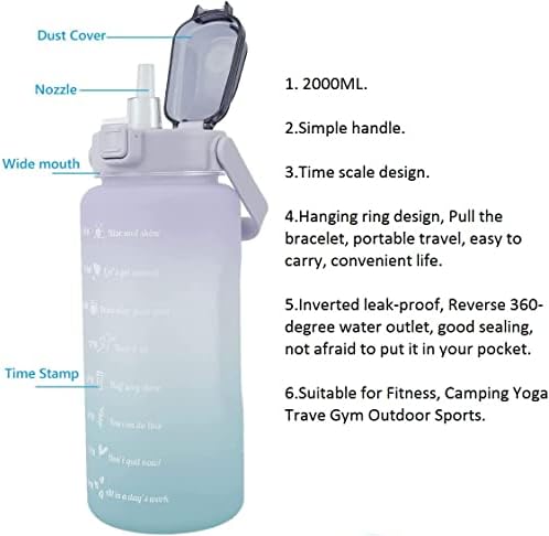 Eidyer 2 Litre Water Bottle, Big Sport Drinks Bottle with Straw & Motivational Time Marker Reminder, Leak-proof Water Bottles for Fitness, Camping Yoga Trave Gym Outdoor Sports