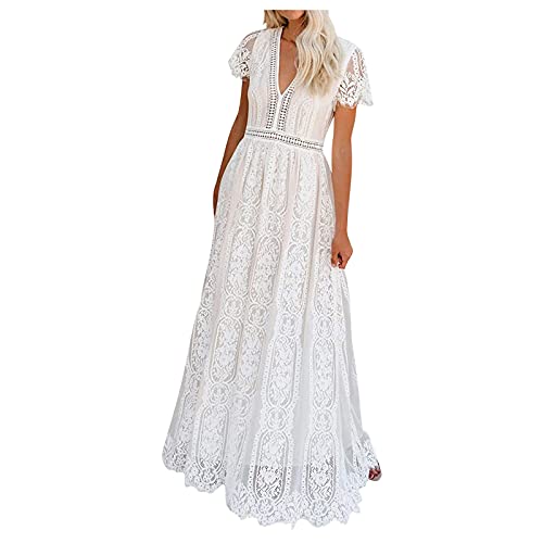 Jupe Longue à col en V pour Dames Robe élégante en Dentelle Creuse Robe Chic en Dentelle de Couleur Pure Robe de soirée Simple à la Mode