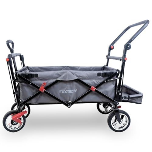 FUXTEC Bollerwagen faltbar FX-CT800 Grau mit Dach | Transportwagen klappbar | Schiebegriff & Innenraumverlängerung | Feststellbremse | Vollprofilreifen | Handwagen/Leiterwagen – Das Original