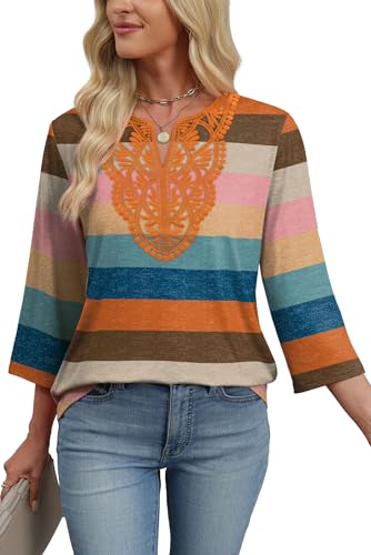 Image of WIHOLL 3 /4 Length Sleeve Womens Tops Boho V Neck Lace Shirt Trendy Blouses Dressy Casual Vacation Clothes S-3XL