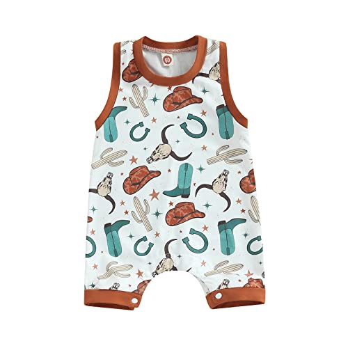 Image of Omkzanbi Western Baby Boy Summer Clothes Retro Cow Print Romper Sleeveless Tank Top Onesie Cute Country Cowboy Jumpsuit 0-18M