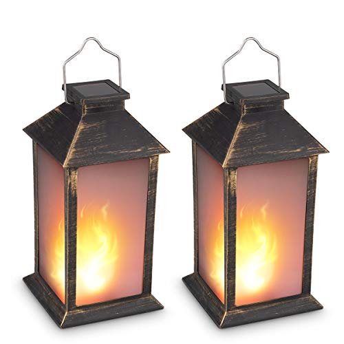 13' Vintage Style Solar Powered Flame Effect (Metallic Coating Black,Plastic),Garden Light Vivid Fire Effect,Outdoor Hanging Lantern,Decorative Candle Lantern ZKEE (Set of 2)