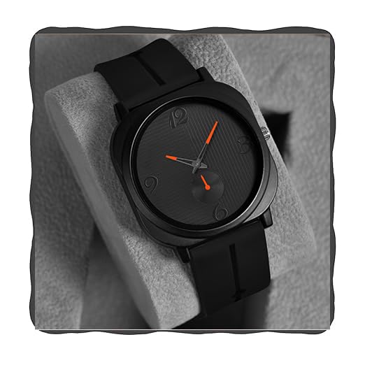 Acnos Men’s All-Black Minimalist Watch – Textured Dial Analog Quartz Wristwatch with Colored Hands and Silicone Strap (Red)