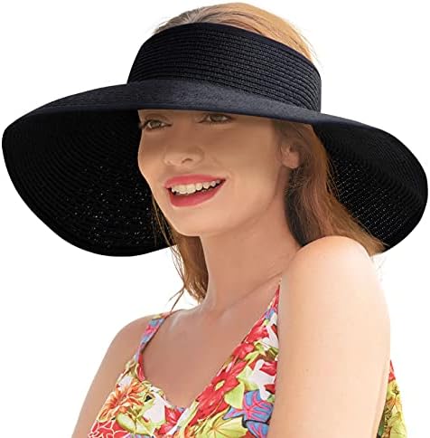 Summer Sun Visor Hats for Women Wide Brim Sun Hat Womens Travel Roll Up Straw Sun Visors Hat for Women Beach Hat for Women Foldable Visor for Women, Black Visor Women