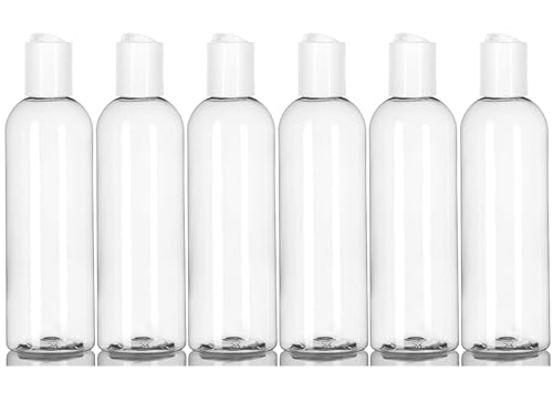 ljdeals 8 oz Clear Plastic Empty Bottles with White Disc Top Caps, Refillable Containers for Shampoo, Lotions, Cream and More Pack of 6, BPA Free, Made in USA